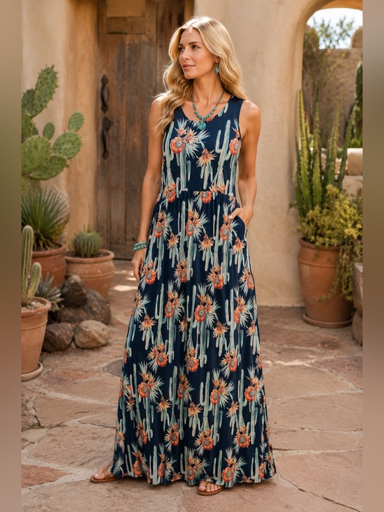 JODIFL Dresses & Skirts - Jodifl Cactus Floral Print Maxi Dress Sleeveless Stretch Boutique M Southwestern